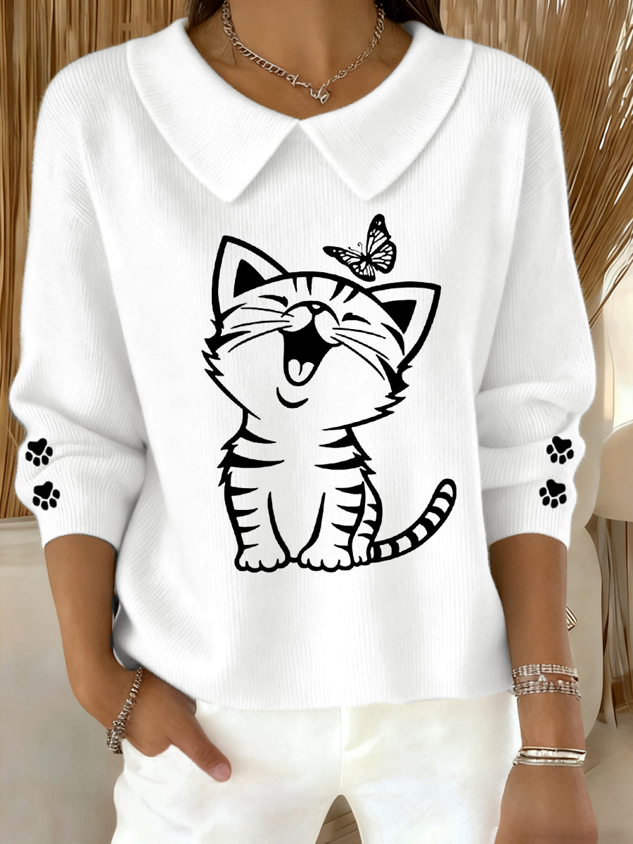 Women’s Cute Cat Print Cat Lovers Cat Mom Gift Casual Baby Doll Collar Top White / S