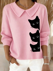 Women’s Funny Cat Print Cat Lovers Casual Baby Doll Collar Top Pink / S