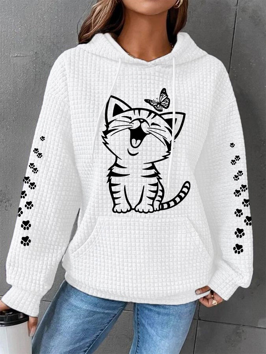 Women’s Cute Cat Print Cat Lovers Cat Mom Casual Waffle Hoodie White / S