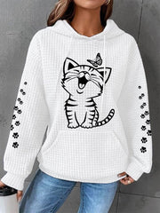 Women’s Cute Cat Print Cat Lovers Cat Mom Casual Waffle Hoodie White / S