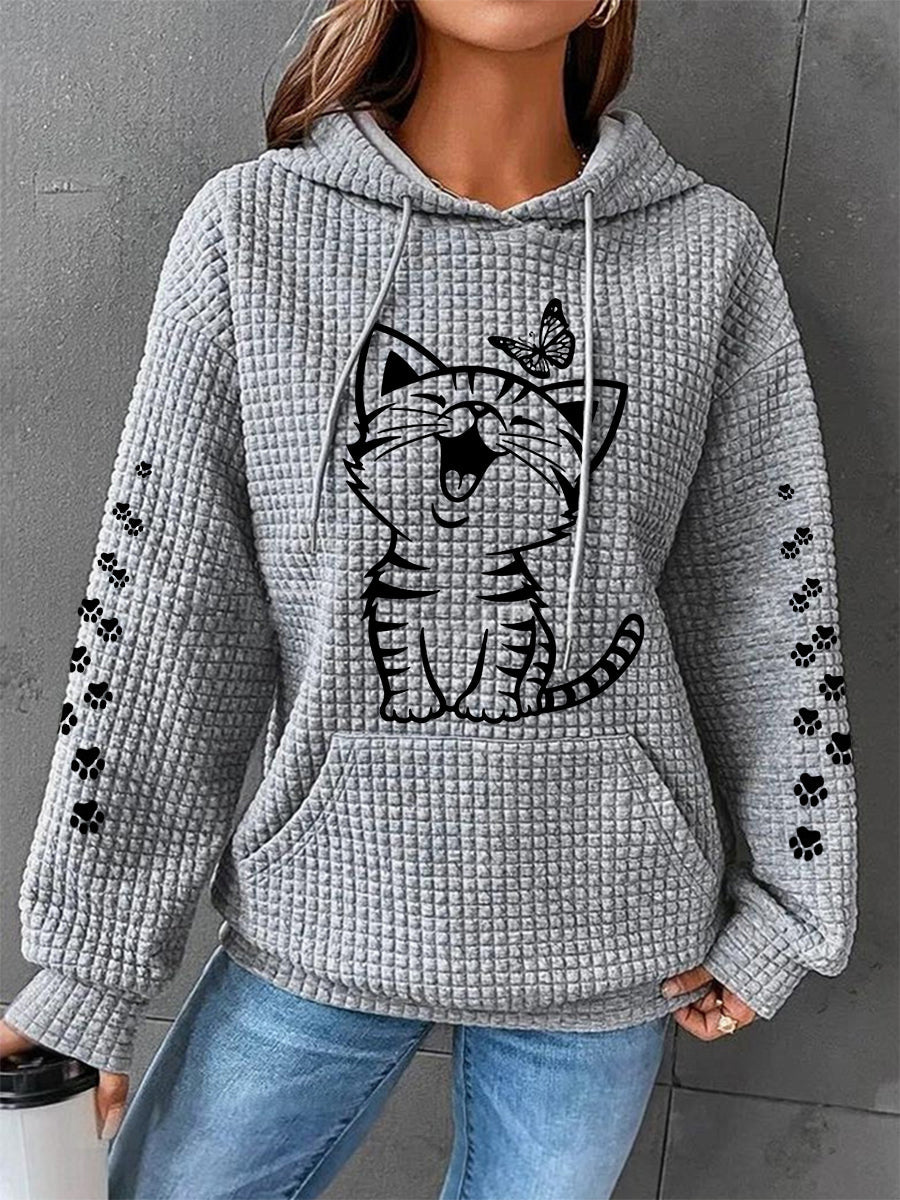 Women's Cute Cat Print Cat Lovers Cat Mom Casual Waffle Hoodie