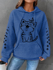 Women’s Cute Cat Print Cat Lovers Cat Mom Casual Waffle Hoodie Blue / S