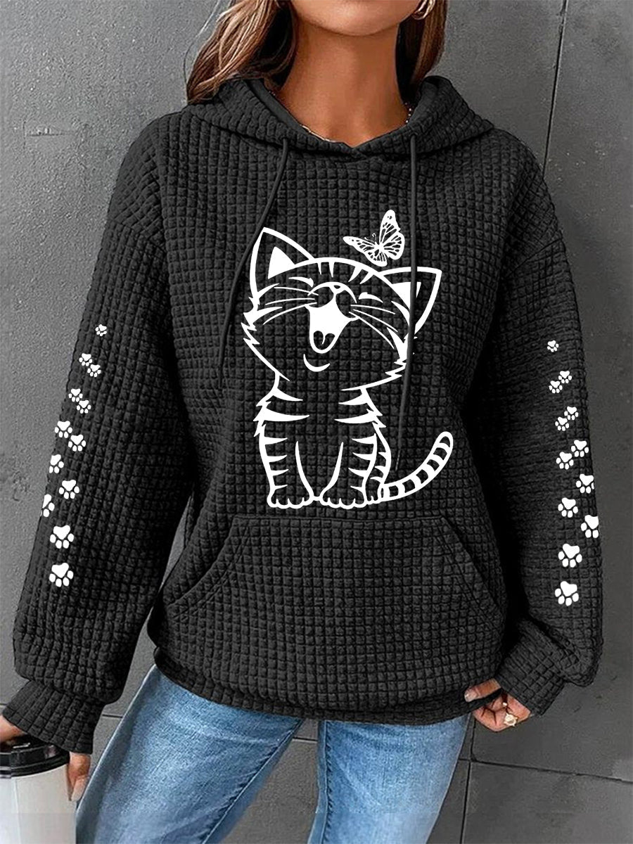 Women’s Cute Cat Print Cat Lovers Cat Mom Casual Waffle Hoodie Black / S