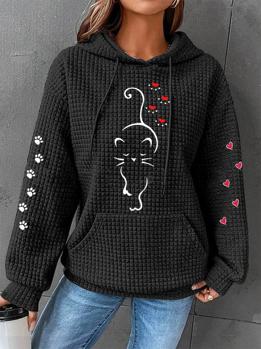 Women's Cute Cat Paw Hearts Print Cat Lovers Casual Waffle Hoodie
