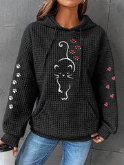 Women’s Cute Cat Paw Hearts Print Cat Lovers Casual Waffle Hoodie Black / S