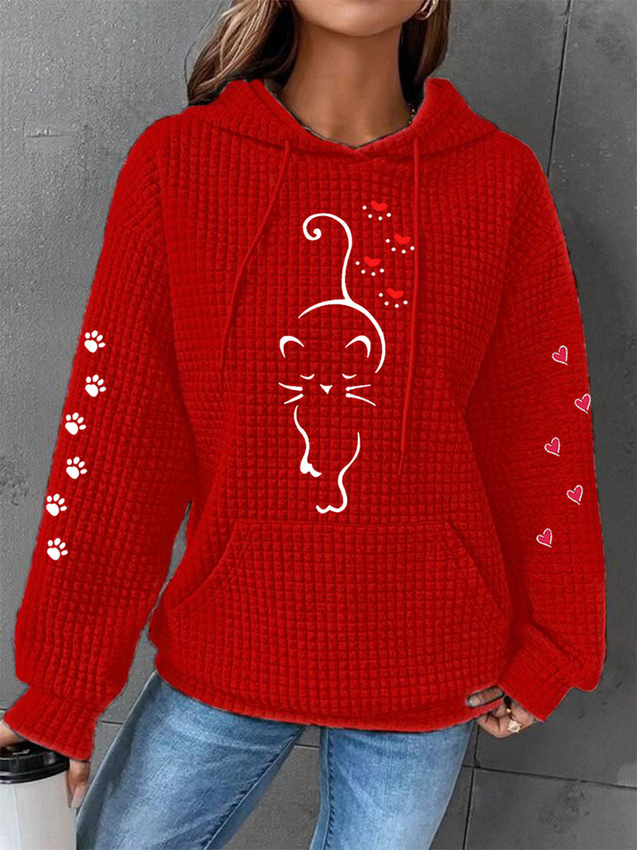 Women’s Cute Cat Paw Hearts Print Cat Lovers Casual Waffle Hoodie Red / S