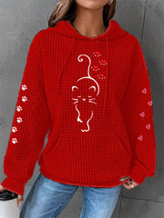 Women’s Cute Cat Paw Hearts Print Cat Lovers Casual Waffle Hoodie Red / S