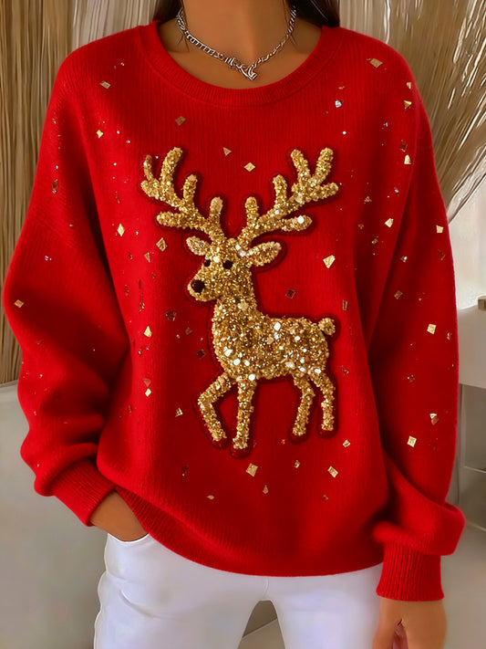 Women's Christmas Reindeer Art Crewneck Pullover