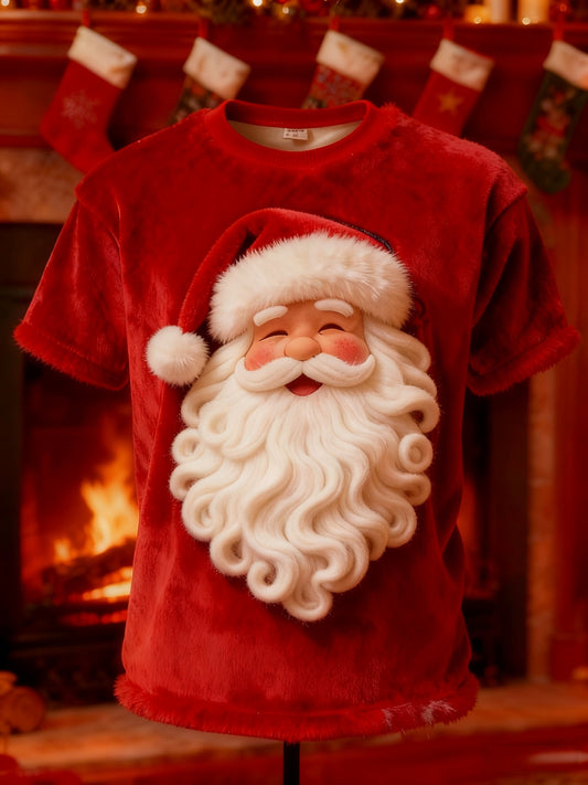 Vintage Christmas Santa Claus Print Plush Short-Sleeved T-Shirt