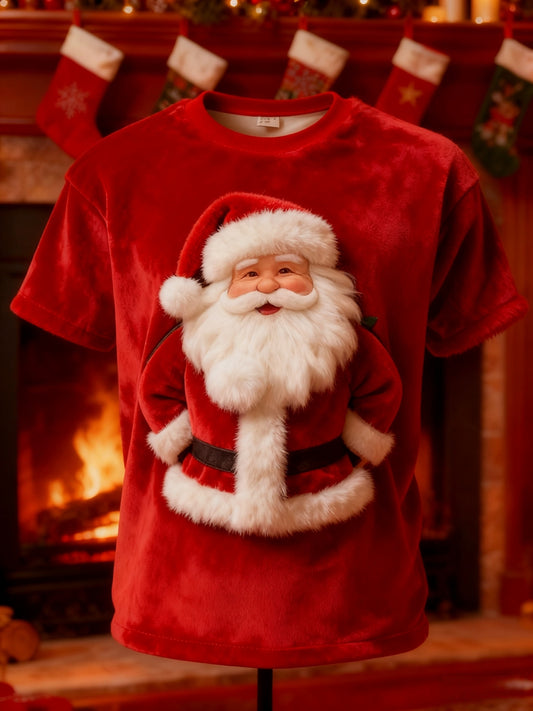 Vintage Christmas Santa Claus Print Plush Short-Sleeved T-Shirt