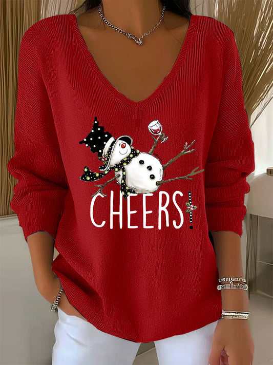 Women's Snowman Wine Glass Print Casual Top