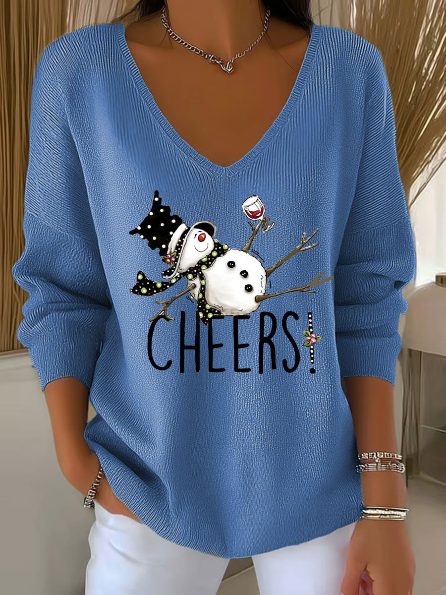 Women's Snowman Wine Glass Print Casual Top