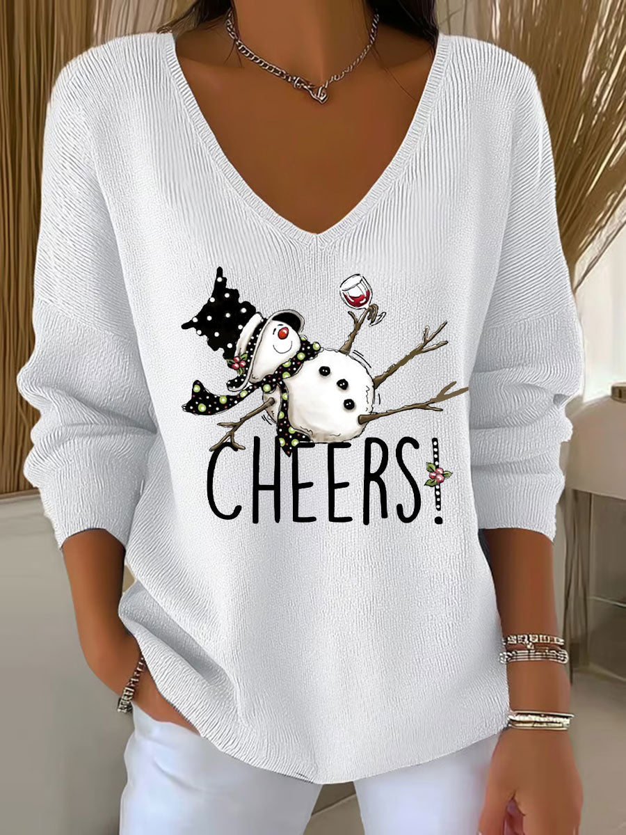 Women's Snowman Wine Glass Print Casual Top
