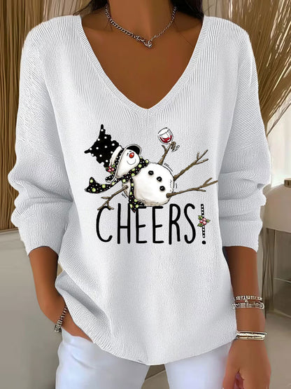 Women's Snowman Wine Glass Print Casual Top