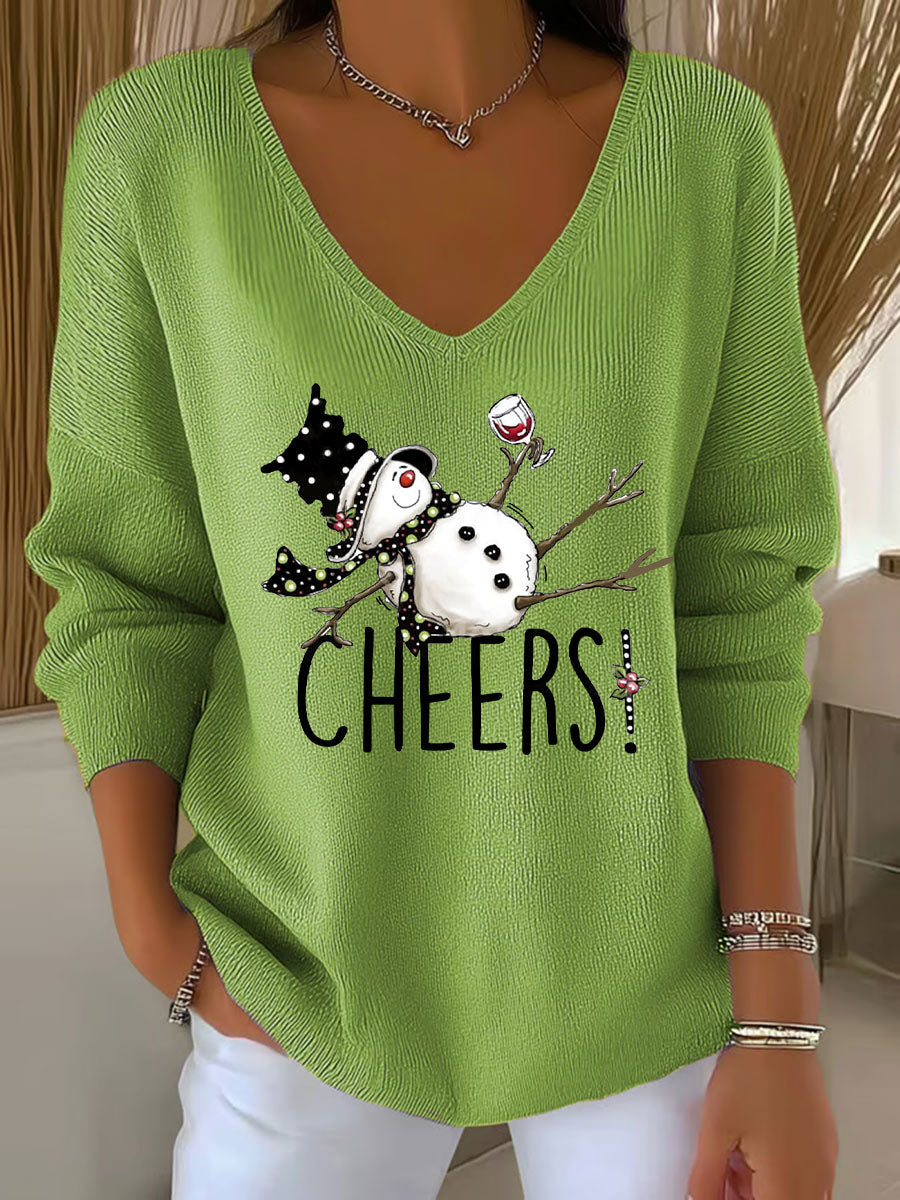 Women's Snowman Wine Glass Print Casual Top