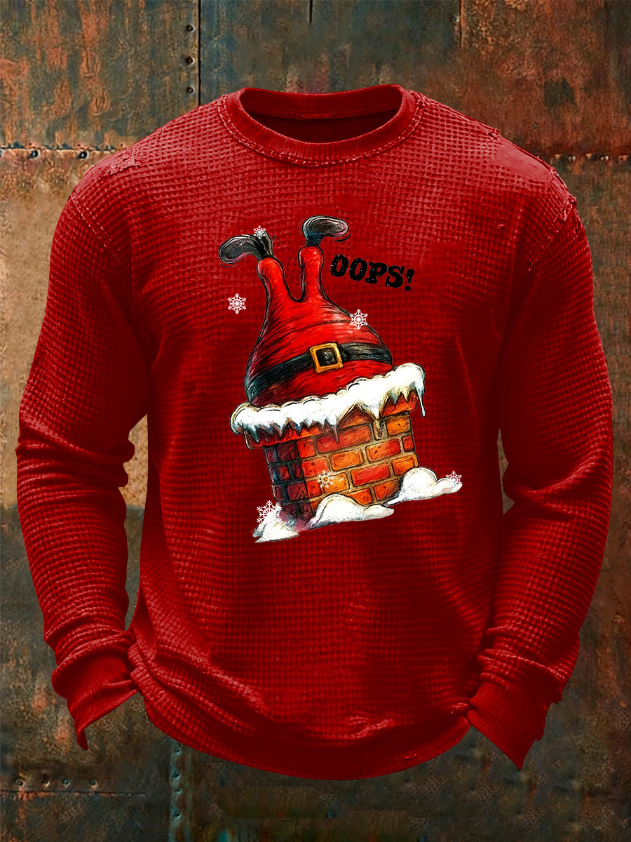 Men's Funny Santa Claus stuck in the chimney Print Waffle Long Sleeve T-Shirt