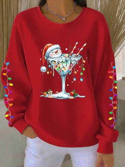 Women's Snowman Wine Glass Print Casual Sweatshirt