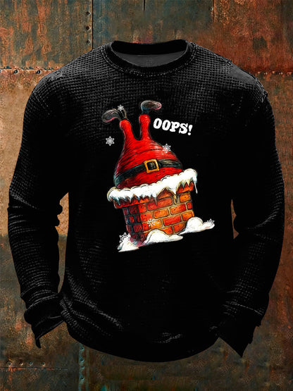 Men's Funny Santa Claus stuck in the chimney Print Waffle Long Sleeve T-Shirt