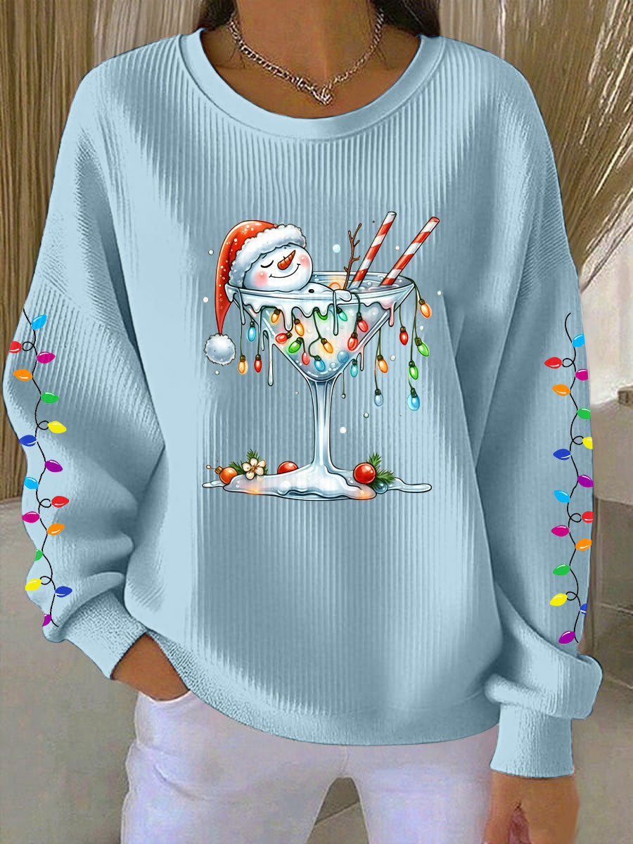 Women's Snowman Wine Glass Print Casual Sweatshirt