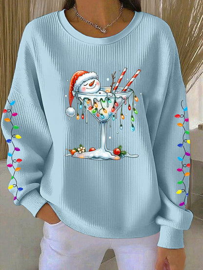 Women's Snowman Wine Glass Print Casual Sweatshirt