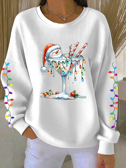 Women's Snowman Wine Glass Print Casual Sweatshirt