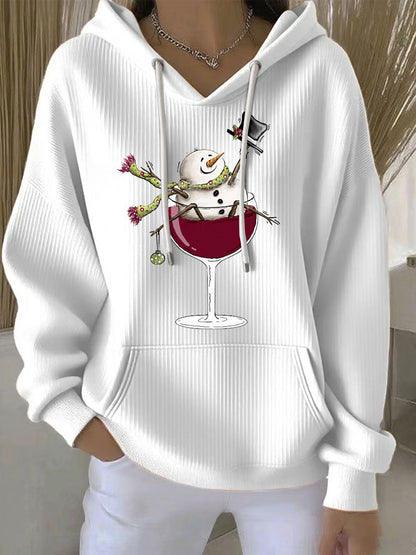 Women's Snowman Wine Glass Print Casual Hoodie