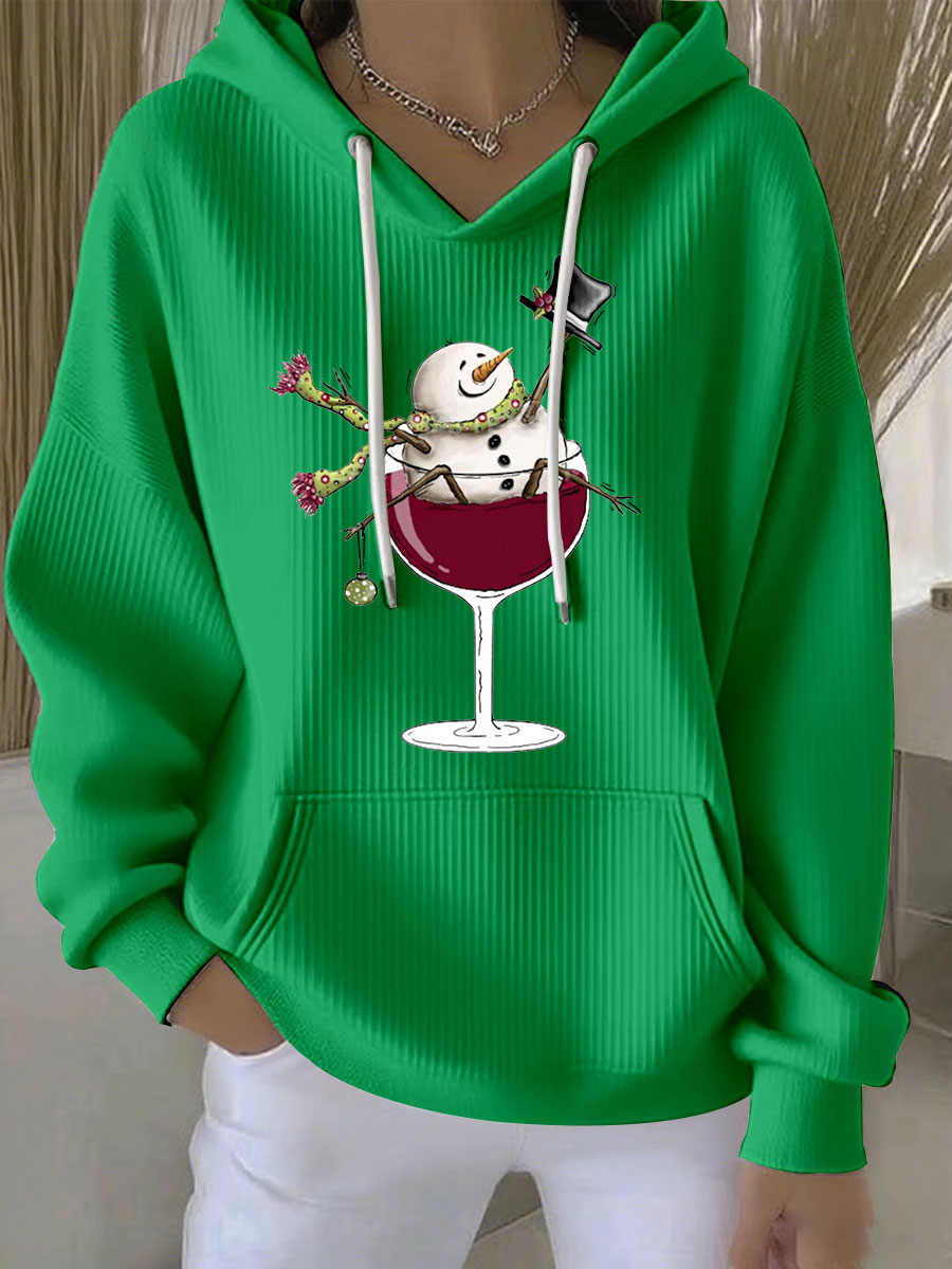 Women's Snowman Wine Glass Print Casual Hoodie