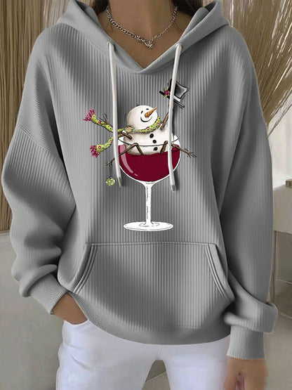 Women's Snowman Wine Glass Print Casual Hoodie