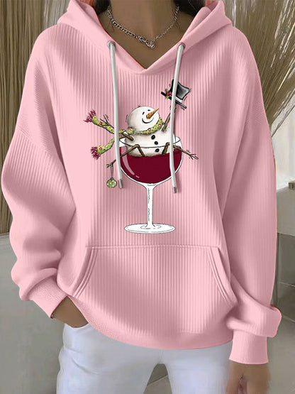 Women's Snowman Wine Glass Print Casual Hoodie
