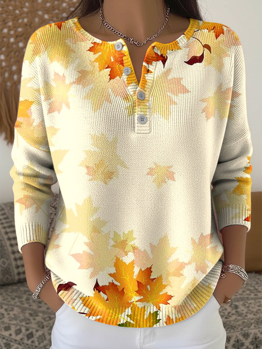 Women's Thanksgiving Gradient Maple Leaf Art V-Neck Top