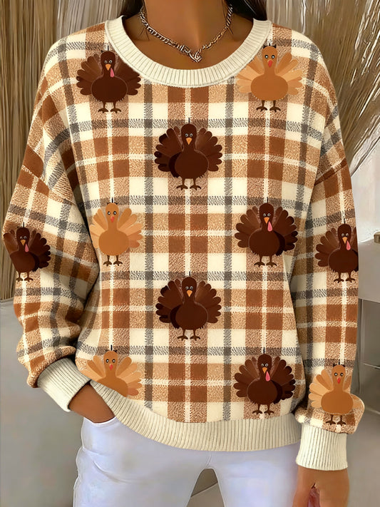 Women's Thanksgiving Turkey Plaid Crewneck Sweatshirt