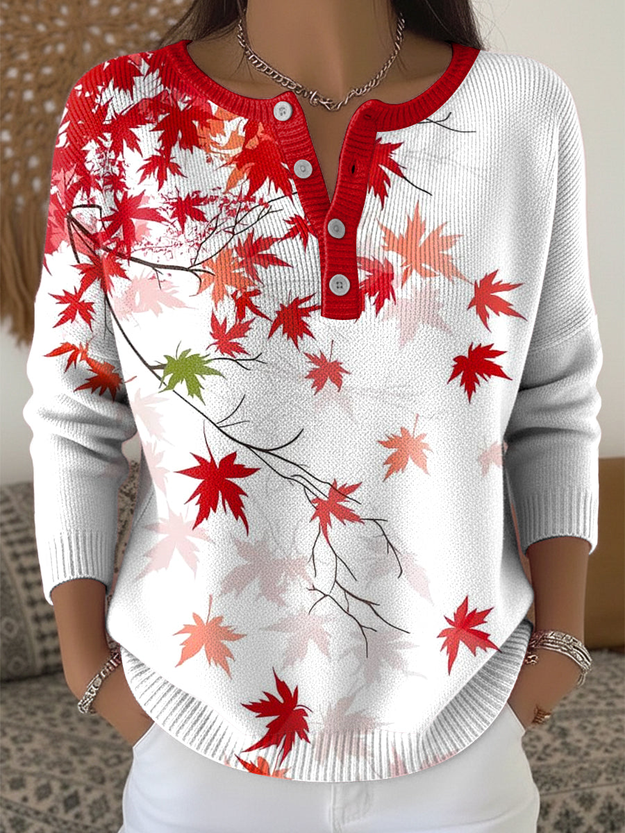 Women's Thanksgiving Abstract Maple Leaf Art V-Neck Top