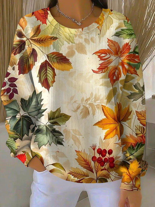 Women's Thanksgiving Autumn Leaf Painted Round Neck Pullover