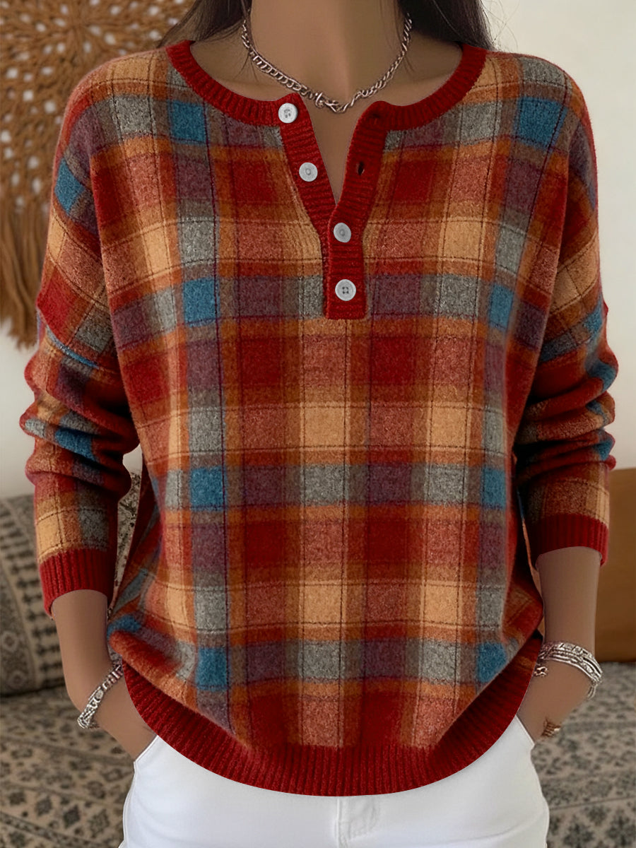 Women's Thanksgiving Vintage Plaid Patchwork Art V-Neck Top