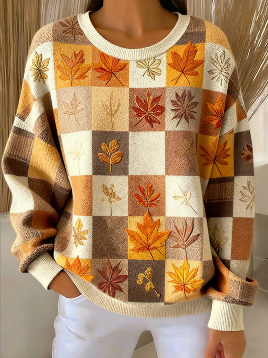 Women's Thanksgiving Autumn Leaf Geometric Round Neck Pullover