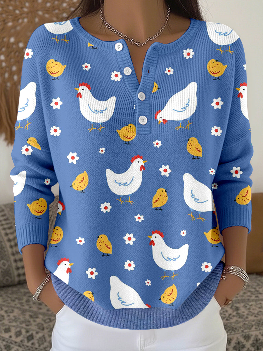 Women's Farm Chicken Pattern Cozy Knit Top