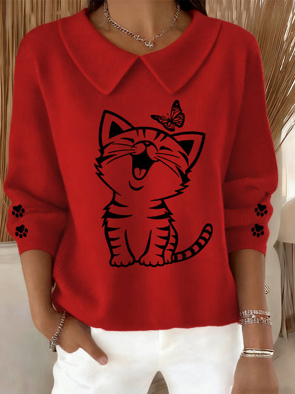 Women's Cute Cat Print Cat Lovers Cat Mom Gift Casual Baby Doll Collar Top