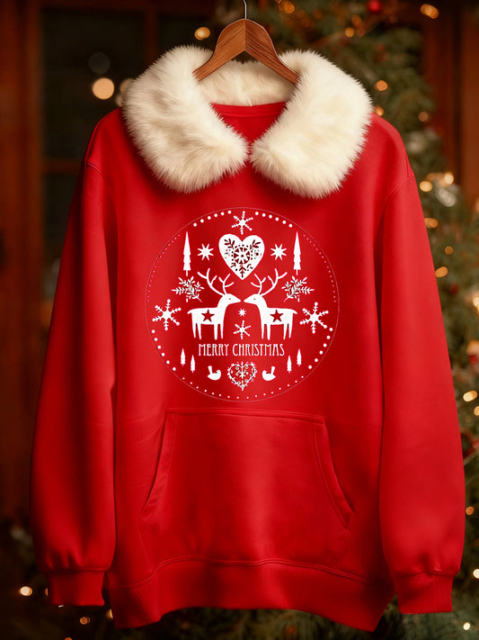 Kvinnor jul skandinaviska tryck långärmade päls krage tryck tröja