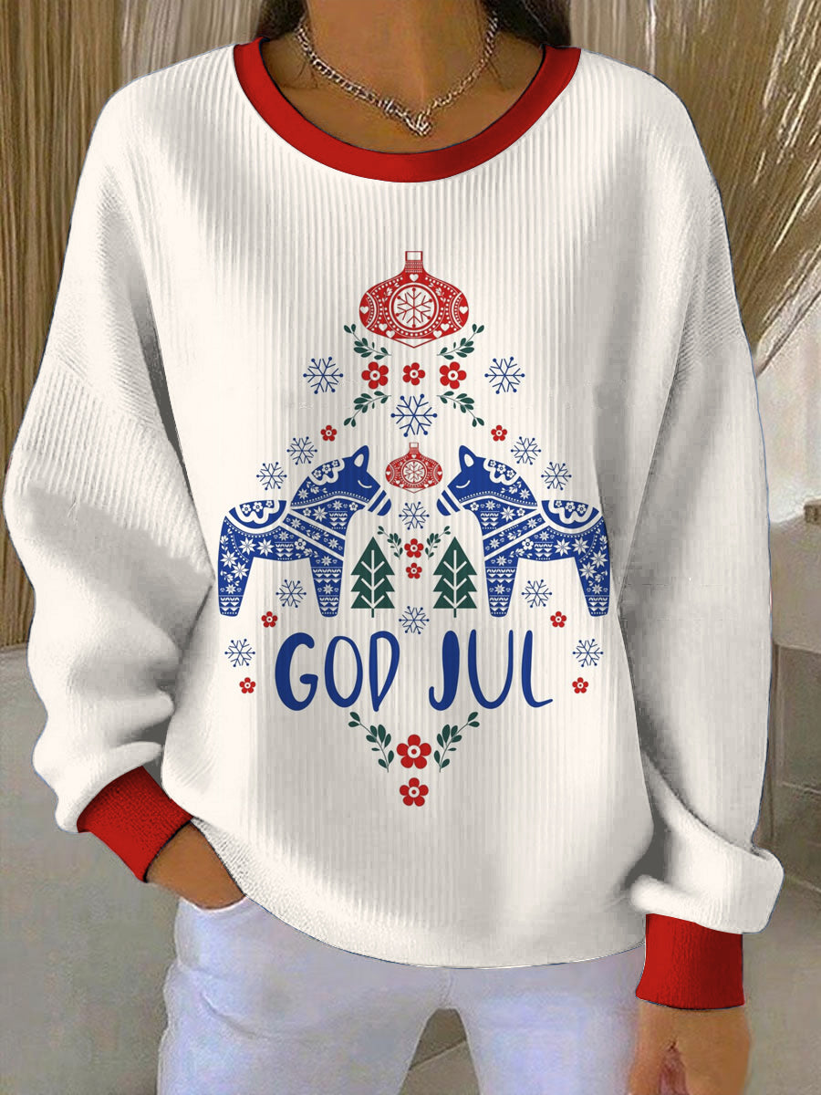 Kvinnor jul skandinaviska tryck rund hals långärmade tröja