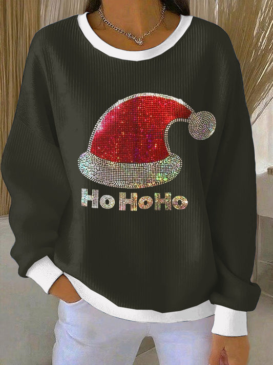 Women's Dark Christmas Hat Loose-Fit Crewneck Pullover