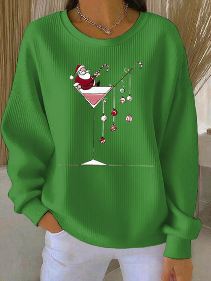 Women's Santa Claus Print Ribbed Round-Neck Sweatshirt
