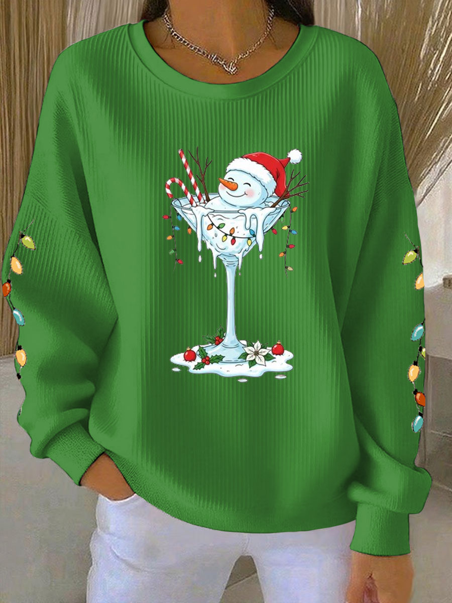 Women's Christmas snowman print Ribbed Round-Neck Sweatshirt