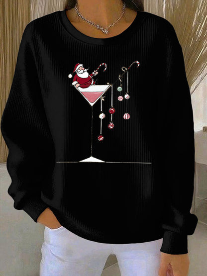 Women's Santa Claus Print Ribbed Round-Neck Sweatshirt
