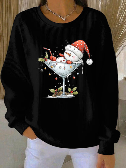Women's Christmas snowman print Ribbed Round-Neck Sweatshirt