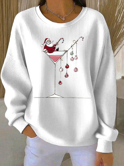 Women's Santa Claus Print Ribbed Round-Neck Sweatshirt