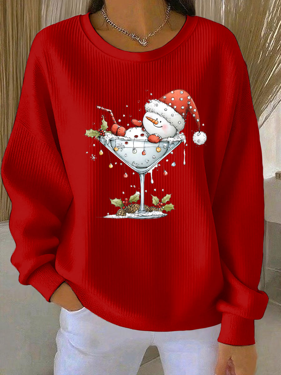 Women's Christmas snowman print Ribbed Round-Neck Sweatshirt