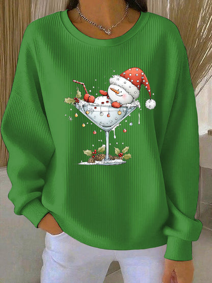 Women's Christmas snowman print Ribbed Round-Neck Sweatshirt