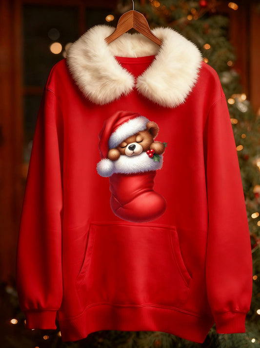 Women's Christmas Printed Long Sleeved Sweatshirt With Fur Collar