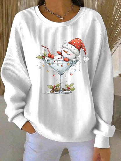 Women's Christmas snowman print Ribbed Round-Neck Sweatshirt