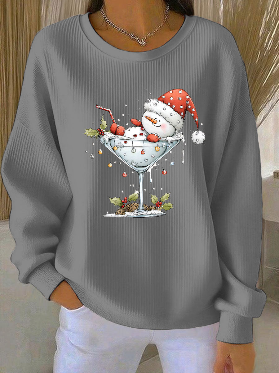 Women's Christmas snowman print Ribbed Round-Neck Sweatshirt